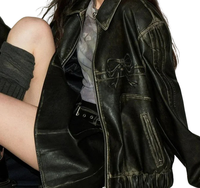 Oversize Bow Design Leather Jacket