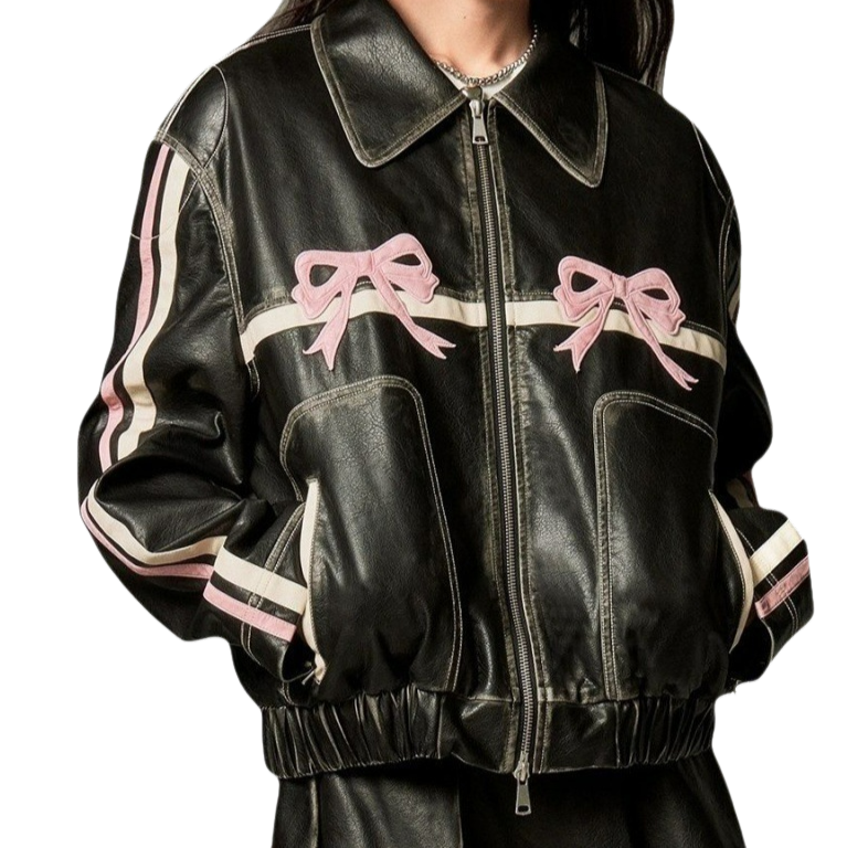 Oversize Bow Design Leather Jacket