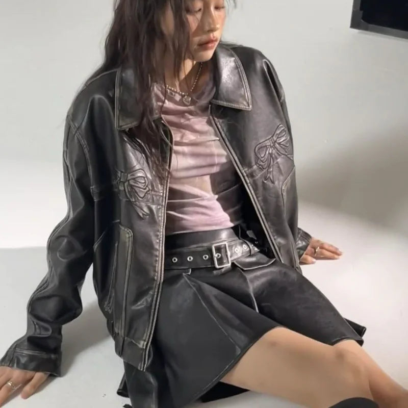 Oversize Bow Design Leather Jacket